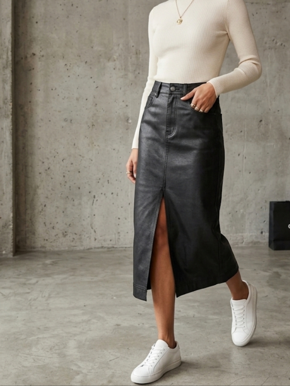 NWT Sundance Midi Skirt—Faux Leather-Effect Denim Front Slit, Black, Size 25.